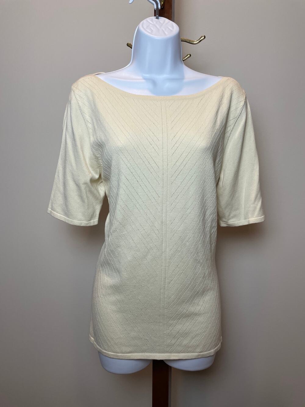 Alex Marie Cream Cotton Knit 1/2 Sleeve Top Soft Lightweight Classic Style Sz L
